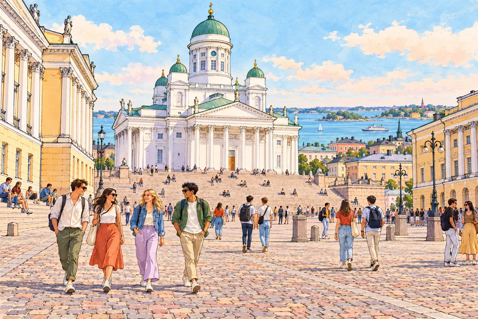A hand-drawn view of Helsinki Cathedral with green dome above Senate Square, with young adults walking across the cobbles.