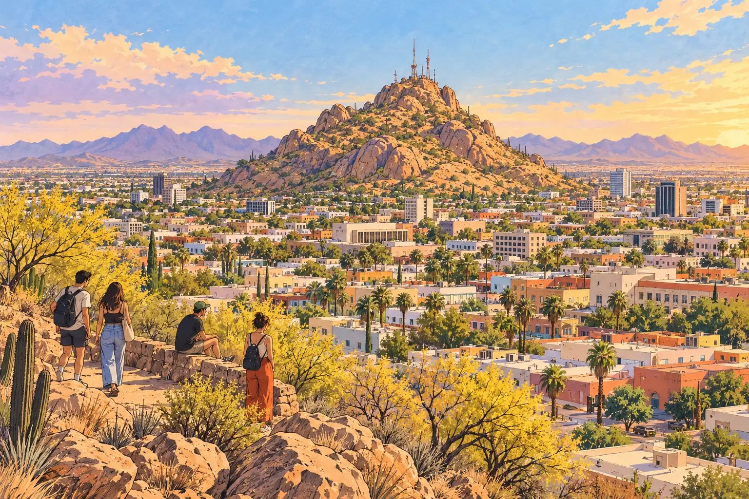 A hand-drawn view of Cerro de la Campana rising over Hermosillo.