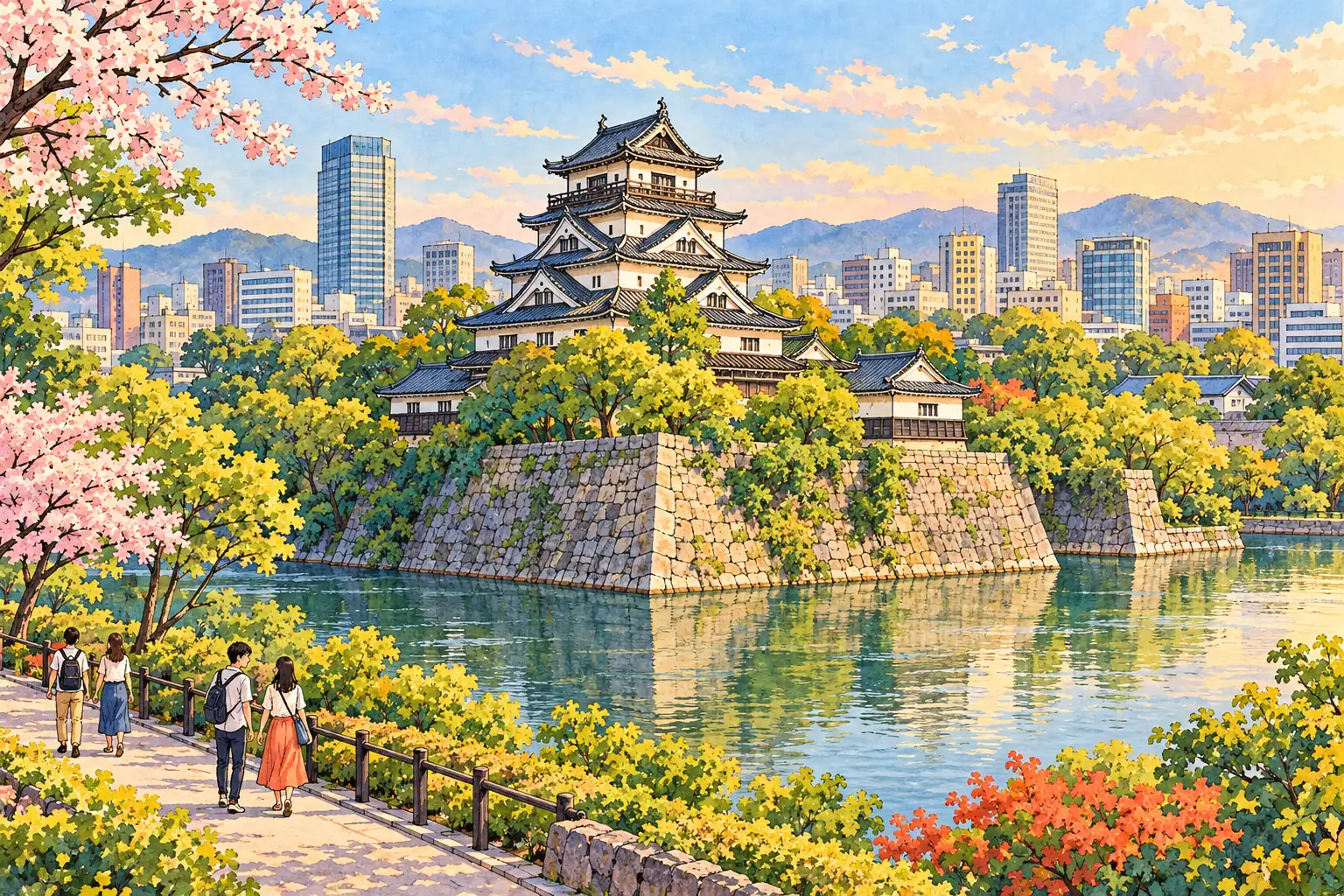 A hand-drawn view of Hiroshima Castle above its green moat, with young adults walking along the blossom-lined park path.