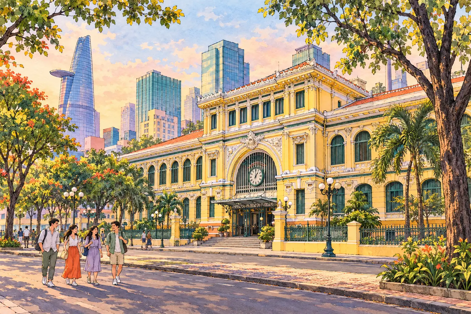 A hand-drawn Ho Chi Minh City street with the Central Post Office and modern towers.
