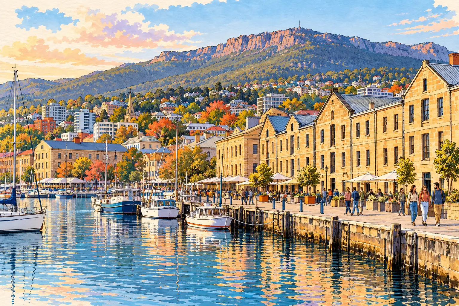 A hand-drawn view of Hobart’s Salamanca Place waterfront, with sandstone warehouses and kunanyi / Mount Wellington behind the harbor.