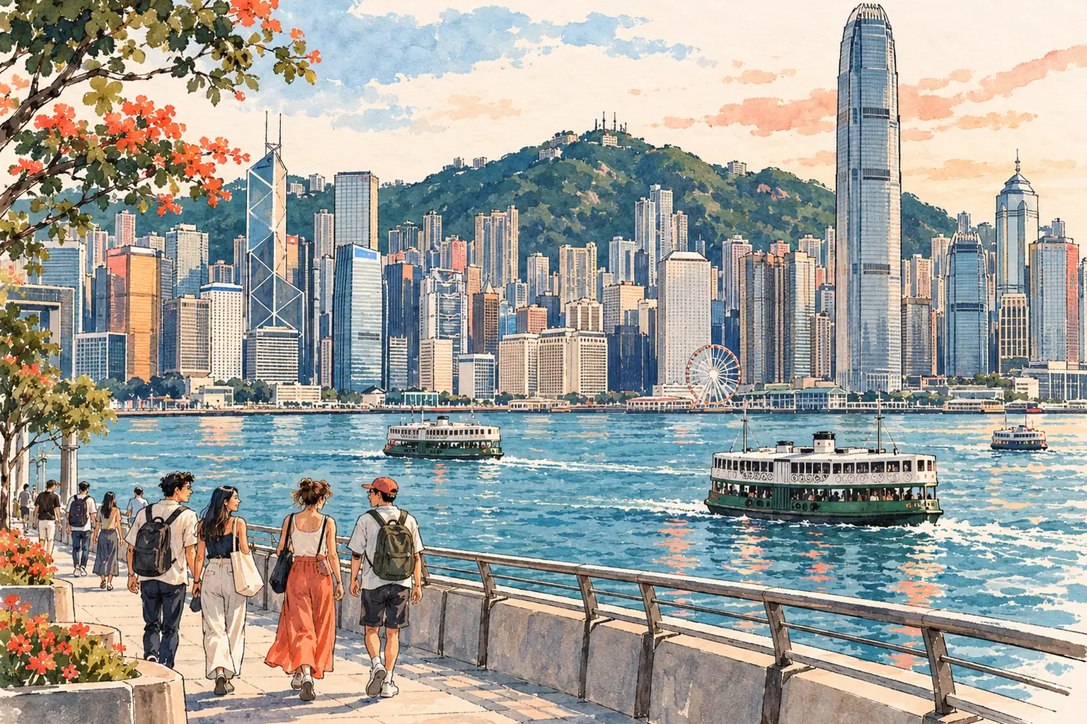 A hand-drawn Victoria Harbour view of Hong Kong with its skyline, ferries and young adults along the promenade.
