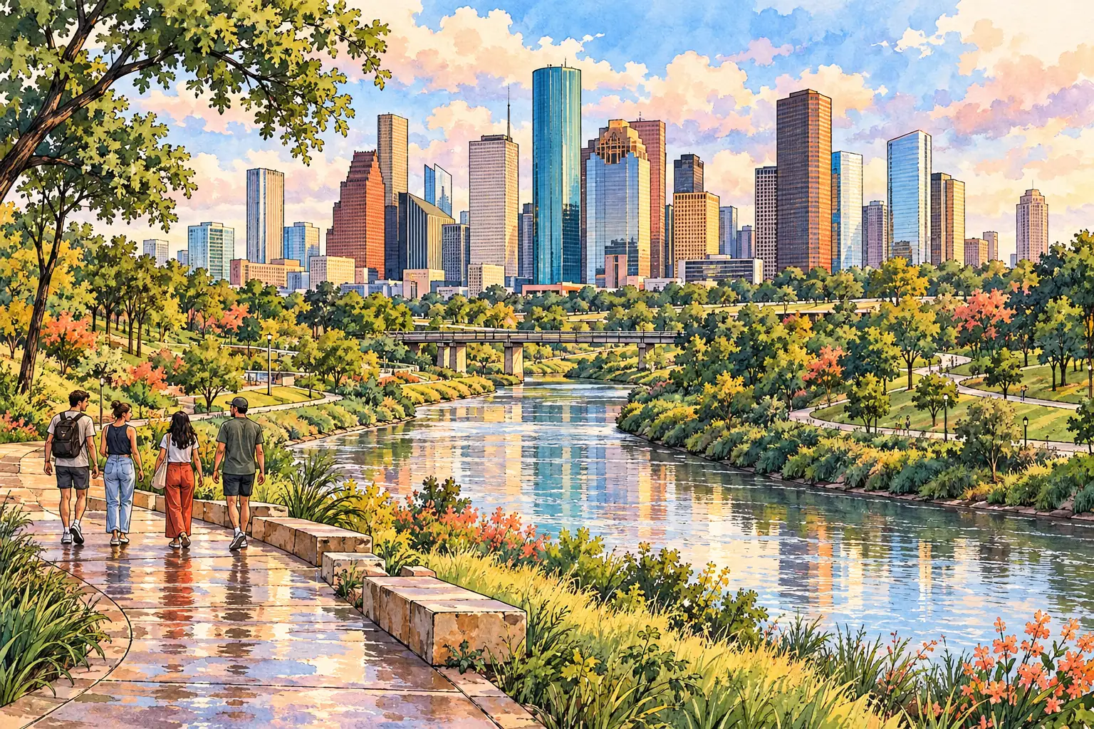 A hand-drawn view of Houston’s downtown skyline beyond Buffalo Bayou and green parkland.