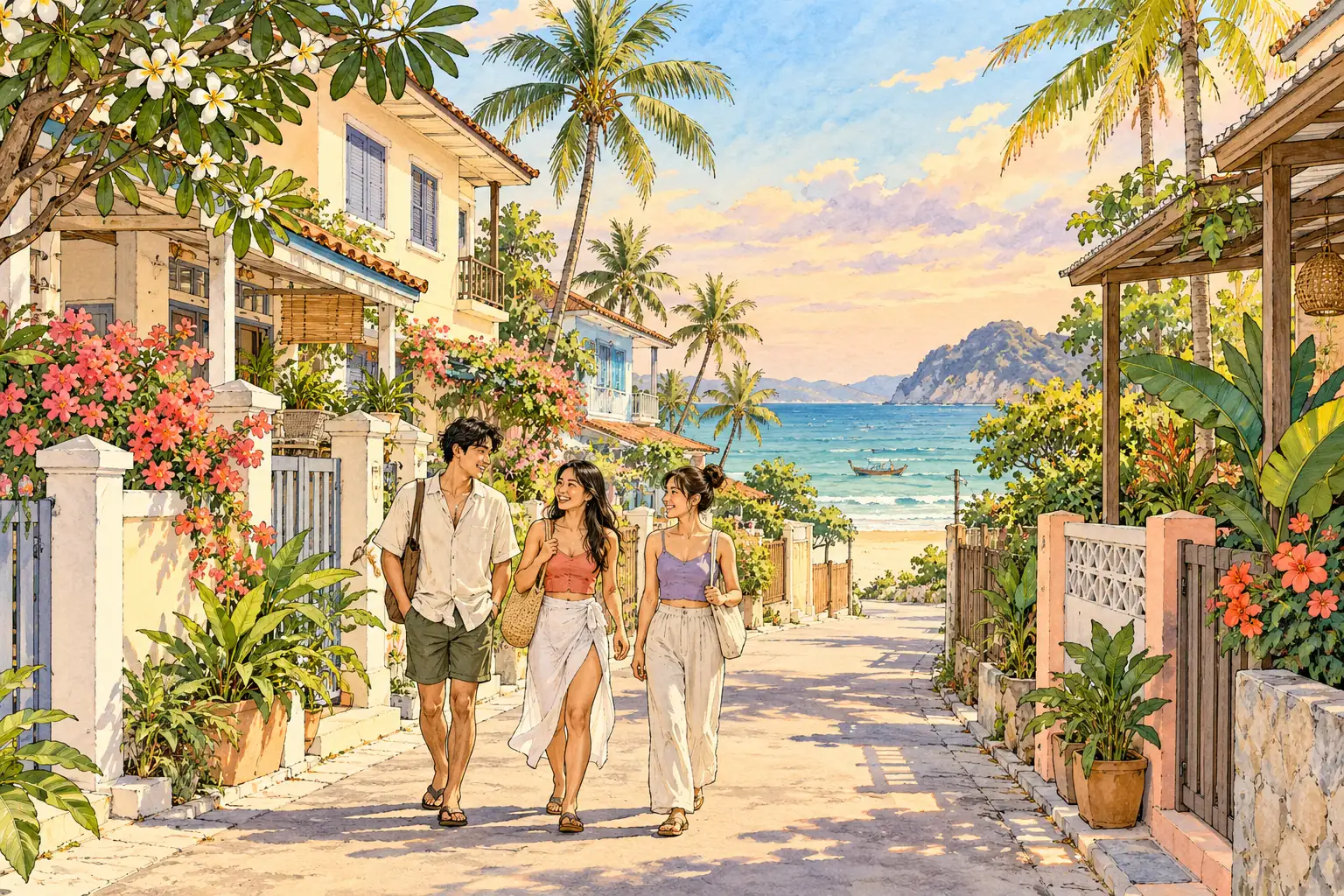 A hand-drawn Hua Hin beach-town street with tropical verandas, flowering plants, the Gulf and young adults walking together.