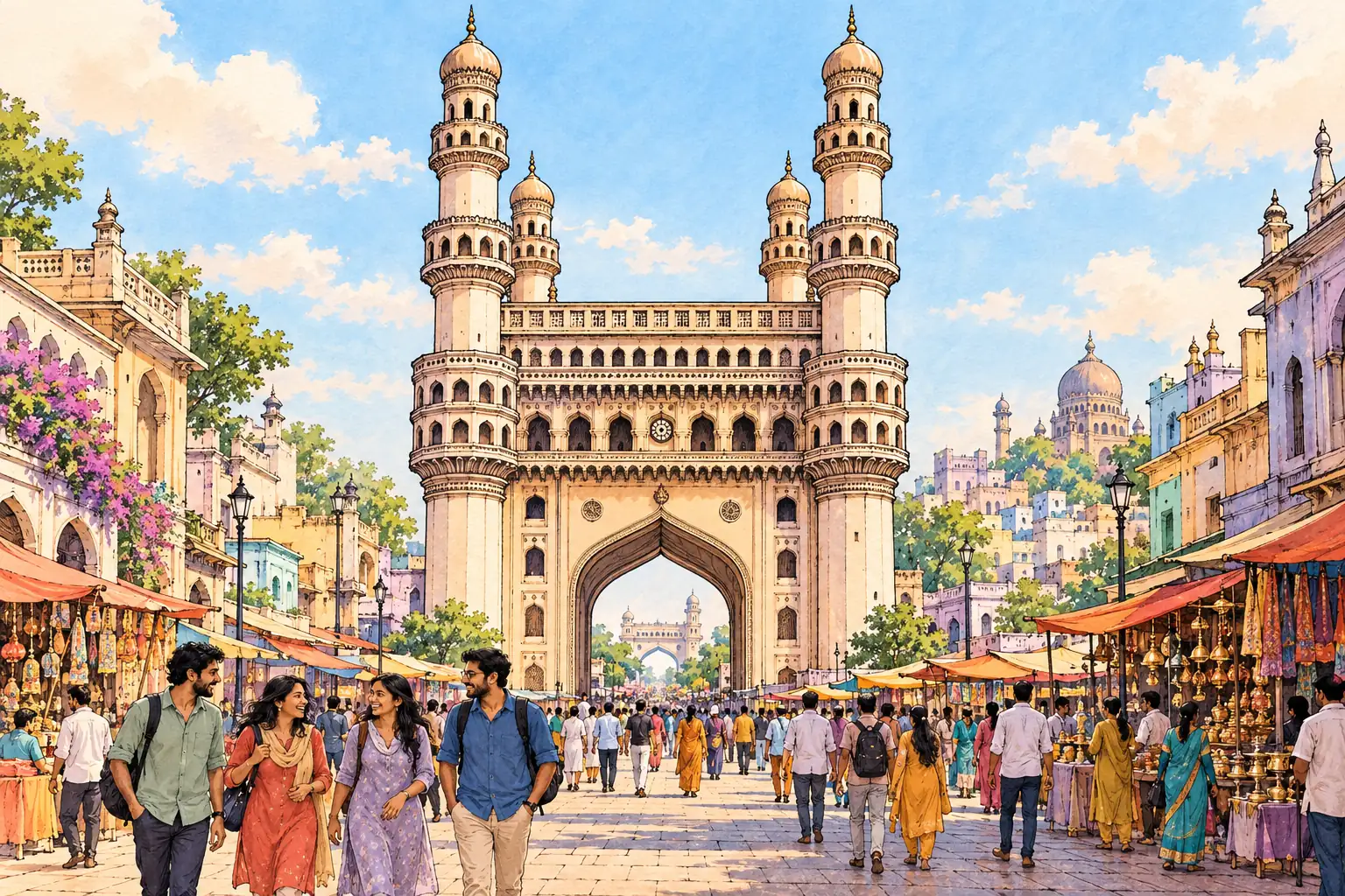 A hand-drawn Hyderabad streetscape centered on the four minarets of Charminar.