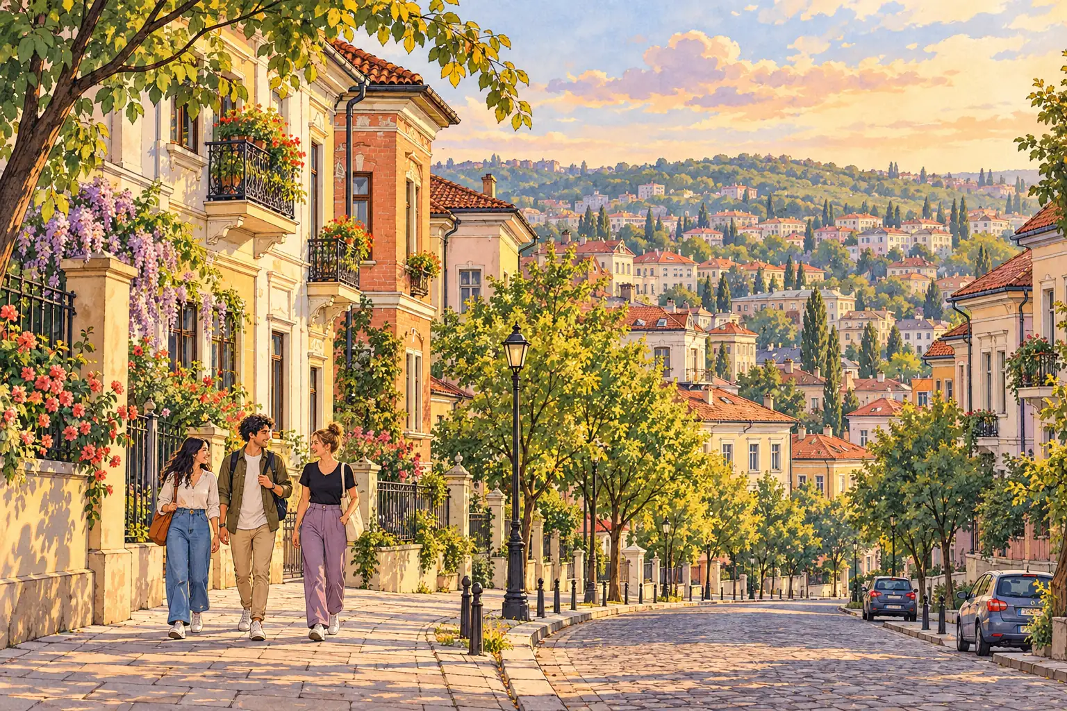 A hand-drawn Iași streetscape with red-tiled homes, green hills and young adults.