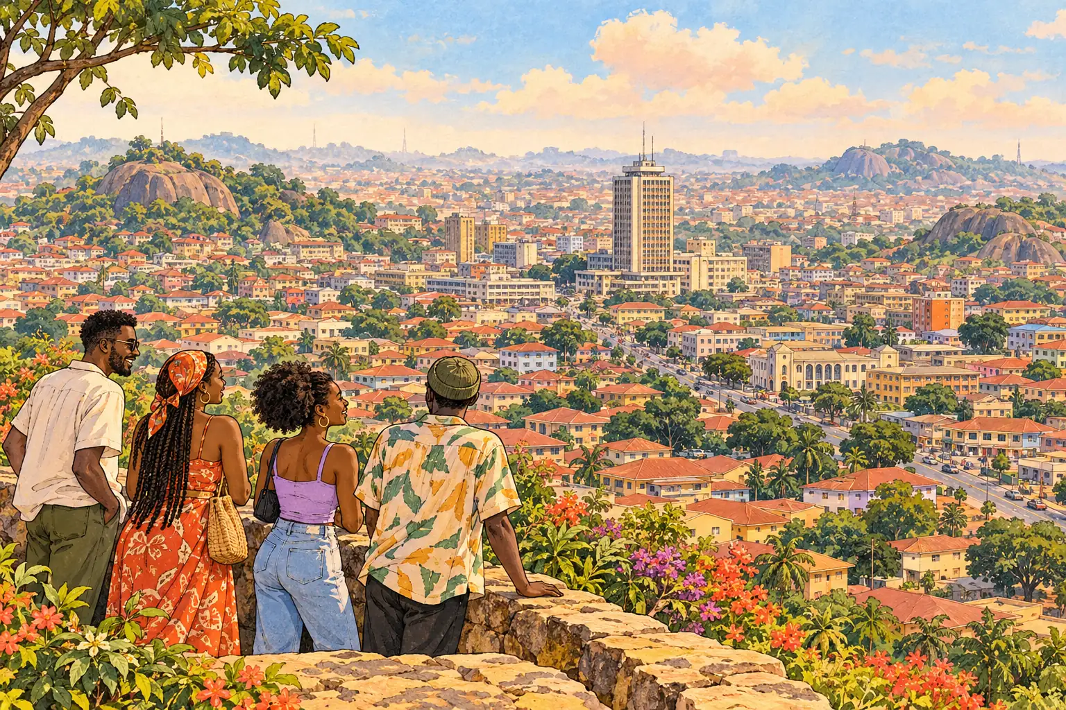 A hand-drawn view of Ibadan’s terracotta rooftops and the Cocoa House tower, with young adults at a garden overlook.