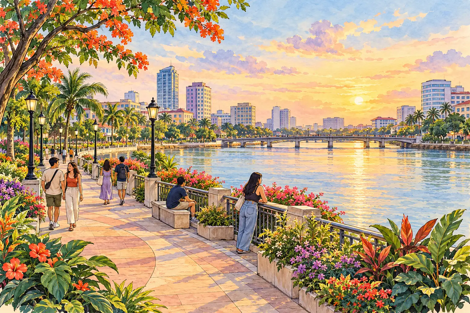 A hand-drawn view of Iloilo River Esplanade with a tree-lined path beside the water.