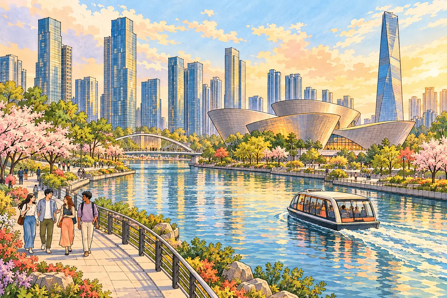A hand-drawn view of Songdo Central Park canal, Tri-Bowl and Incheon skyline.