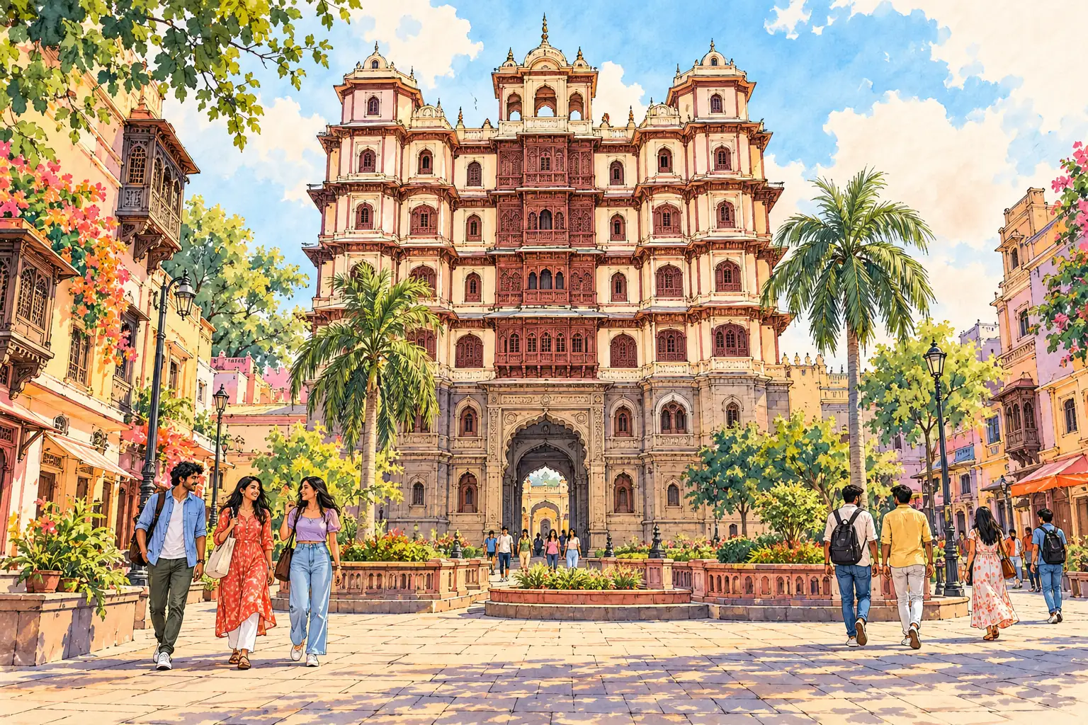 Rajwada Palace rises above a sunny plaza as young adults stroll through Indore.