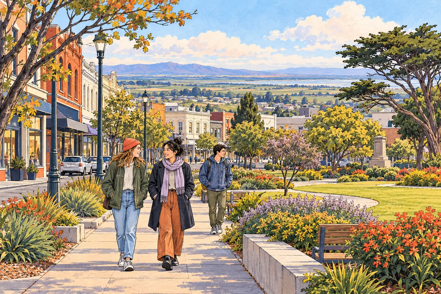 A hand-drawn view of Invercargill, with local streets, greenery and young adults together.