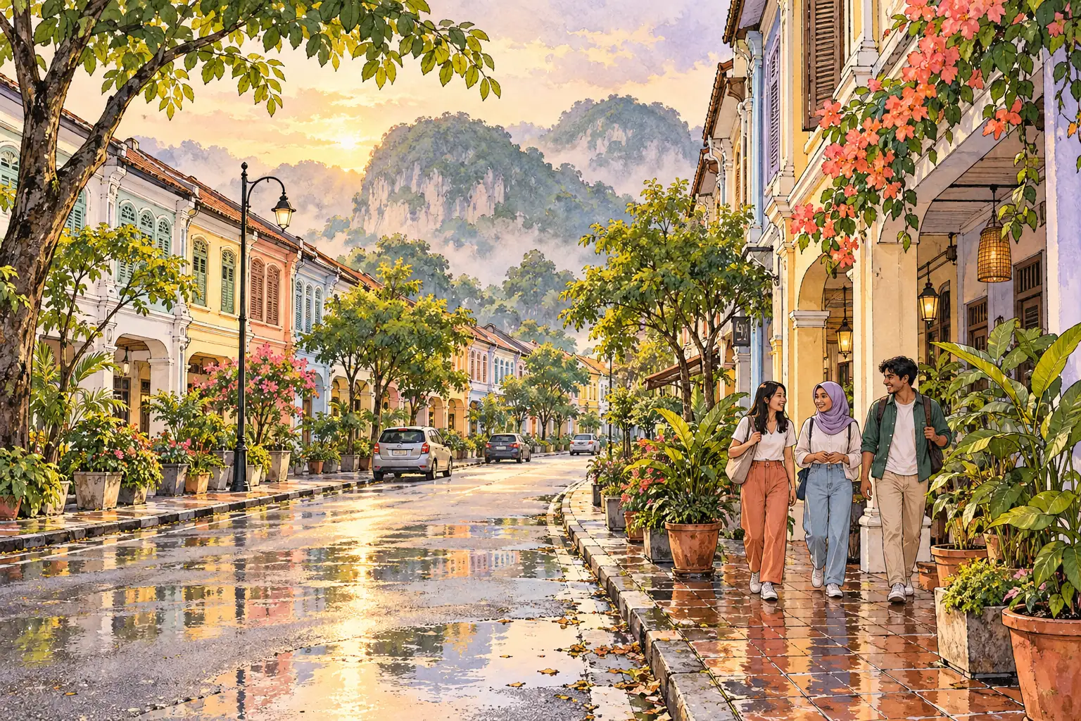 A hand-drawn view of Ipoh, with local streets, greenery and young adults together.