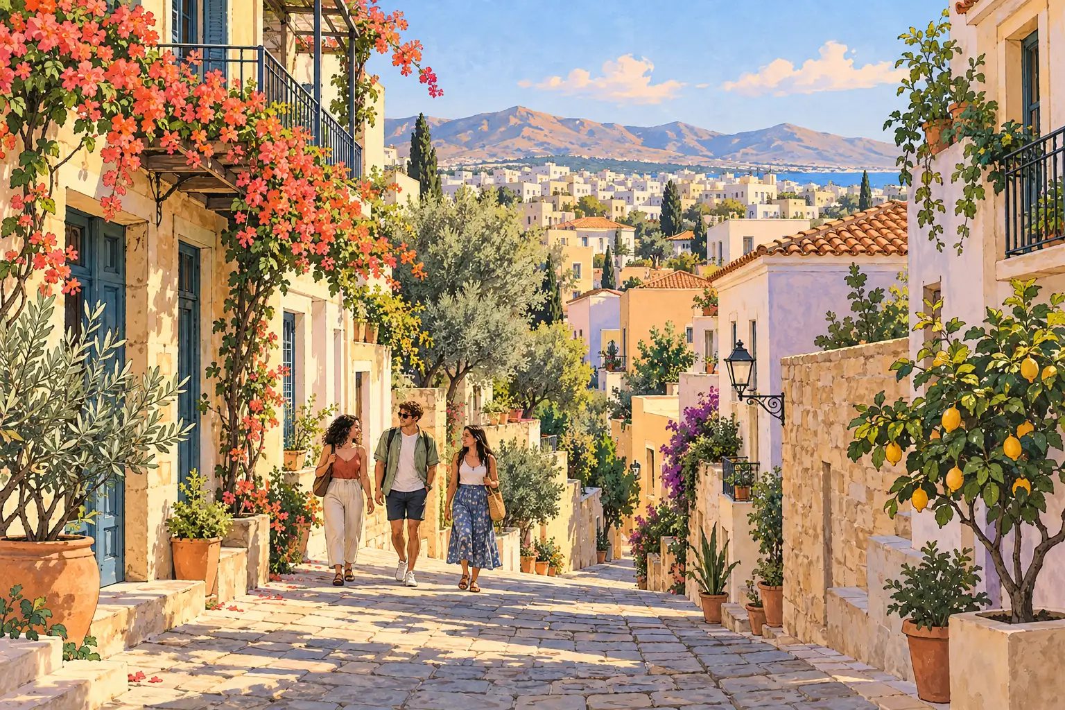 A hand-drawn Irákleion street with pale stone homes, olive trees and young adults.