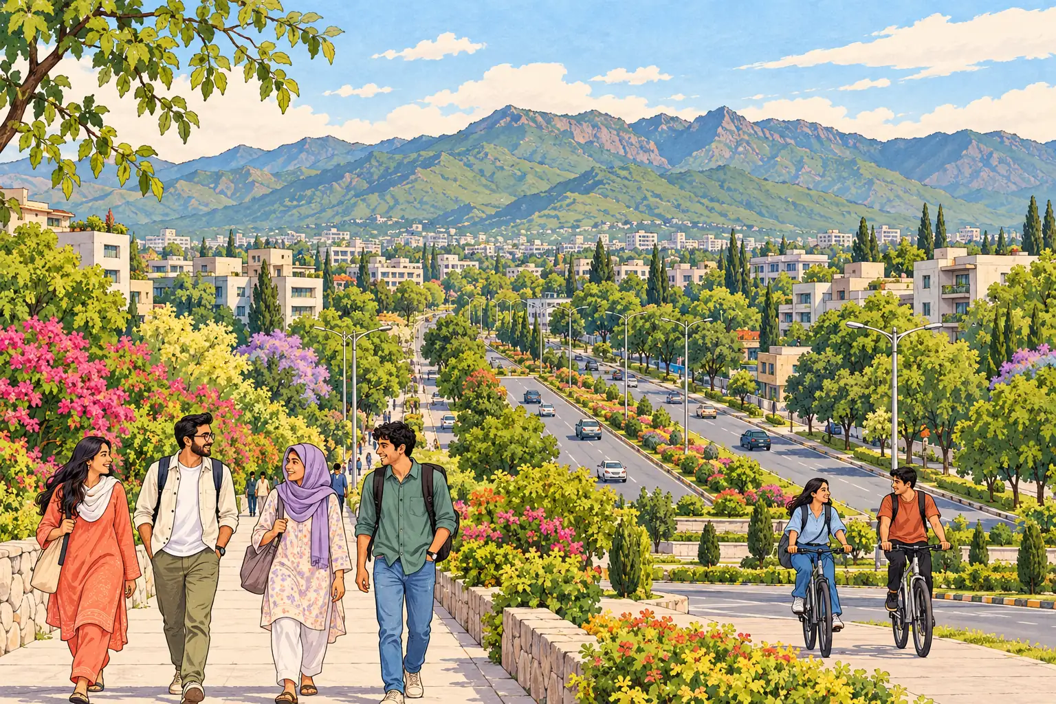 Young adults walk along Islamabad’s green boulevards below the Margalla Hills.