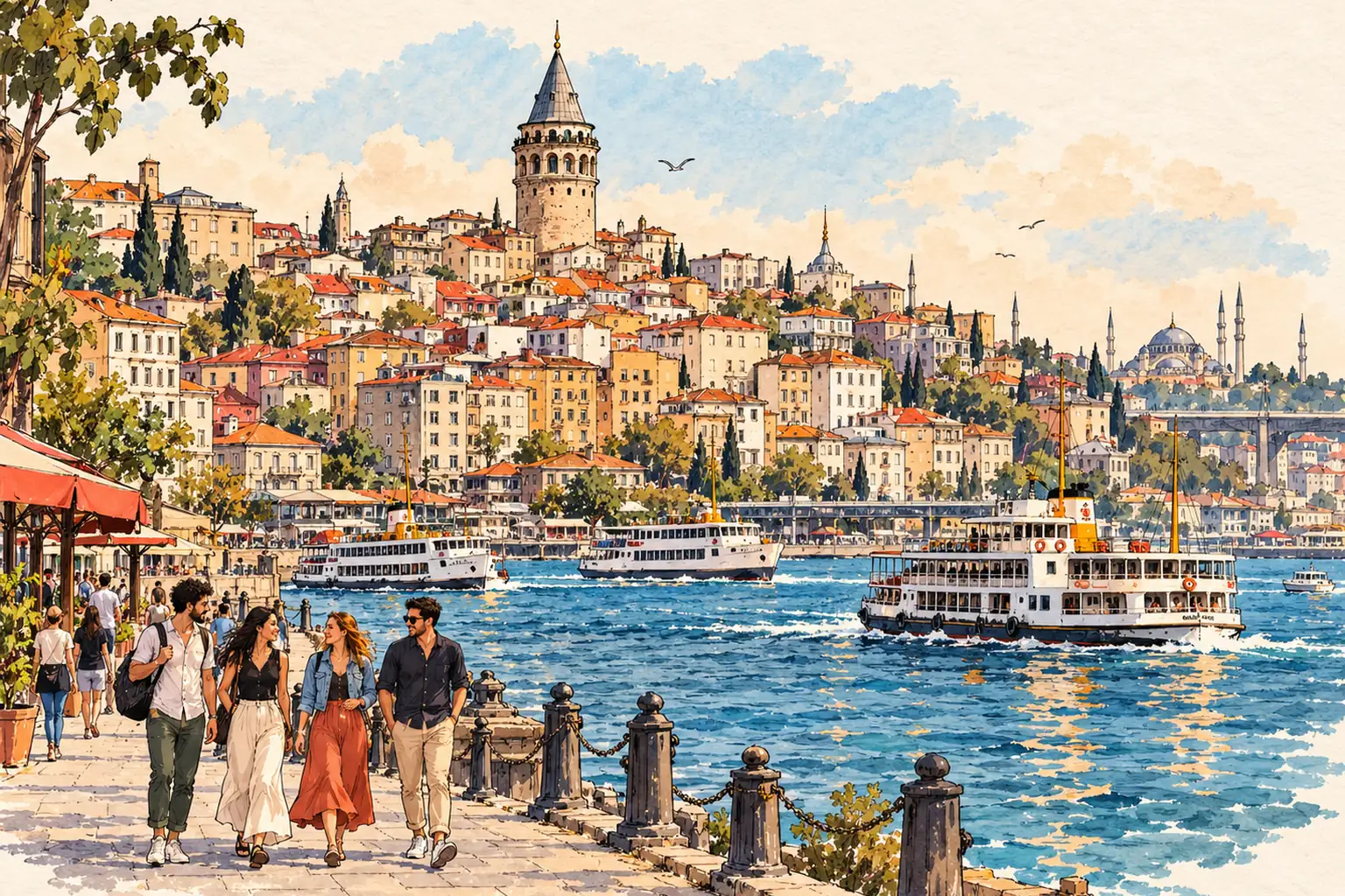 A hand-drawn Istanbul view of Galata Tower above the Bosphorus, with ferries and young adults on the waterfront.