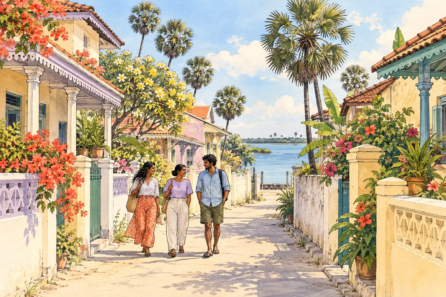 A hand-drawn Jaffna street with palmyra palms, pastel homes, tropical flowers, lagoon water and young adults walking together.