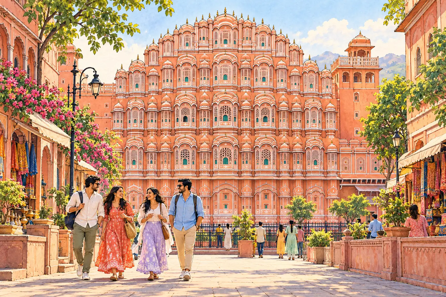 A hand-drawn view of Jaipur’s Hawa Mahal among rose-colored old-city buildings, with young adults walking nearby.