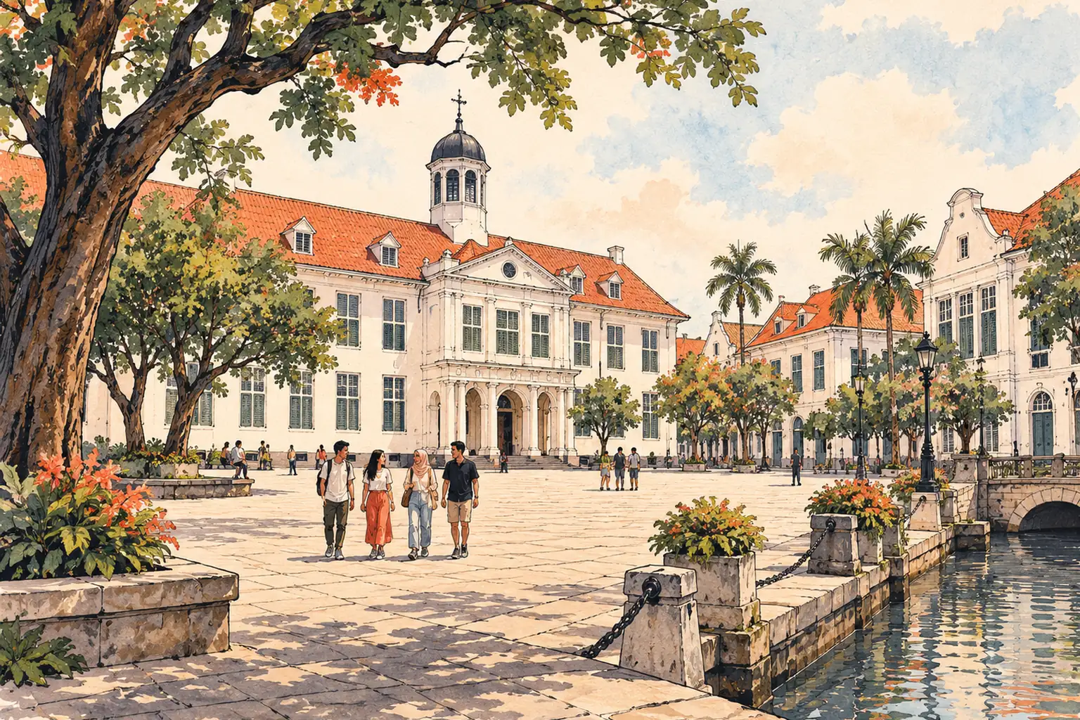 A hand-drawn view of Jakarta, with local streets, greenery and young adults together.