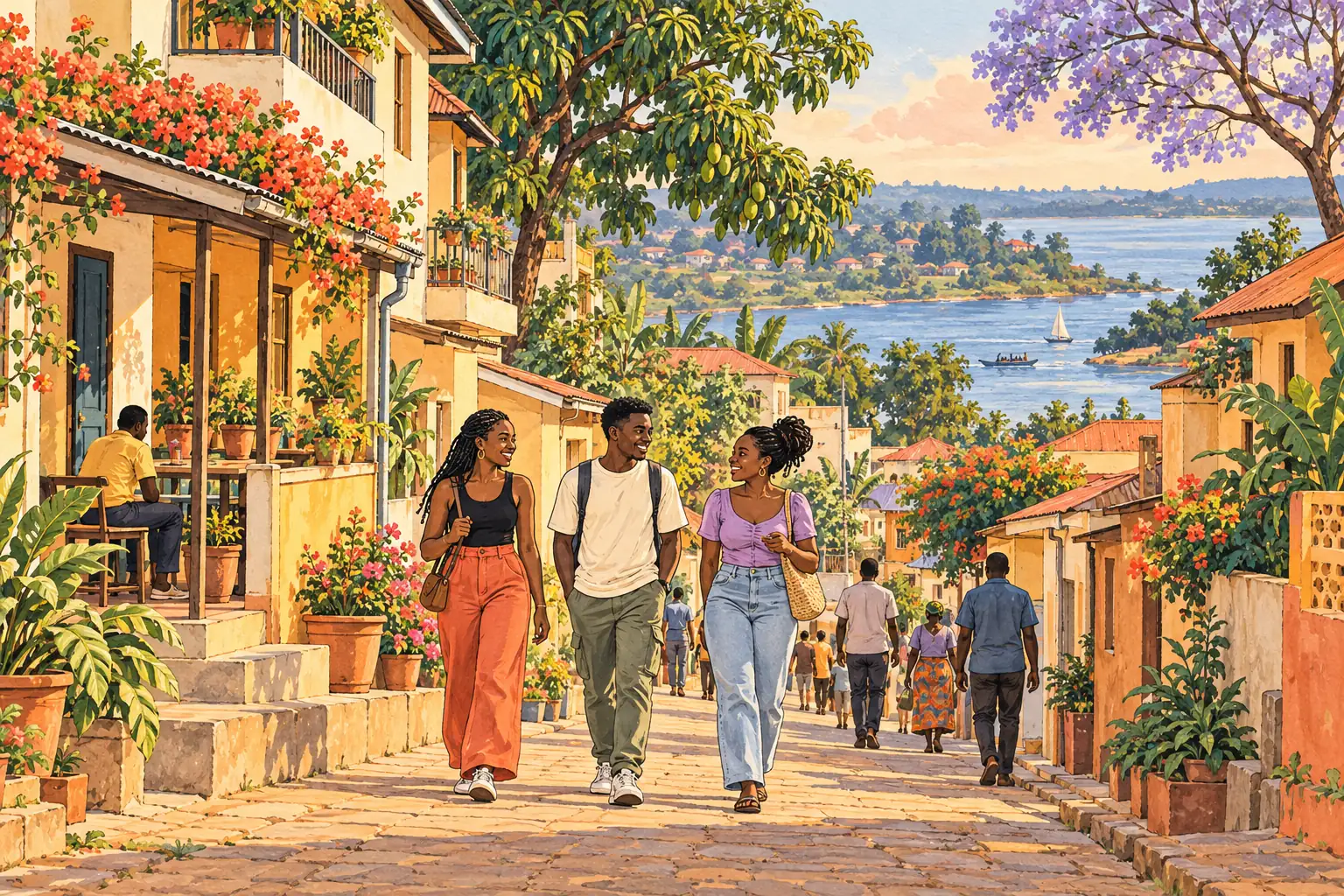 A hand-drawn Jinja riverside streetscape with ochre homes, flowering trees, broad water and young Ugandan adults walking together.