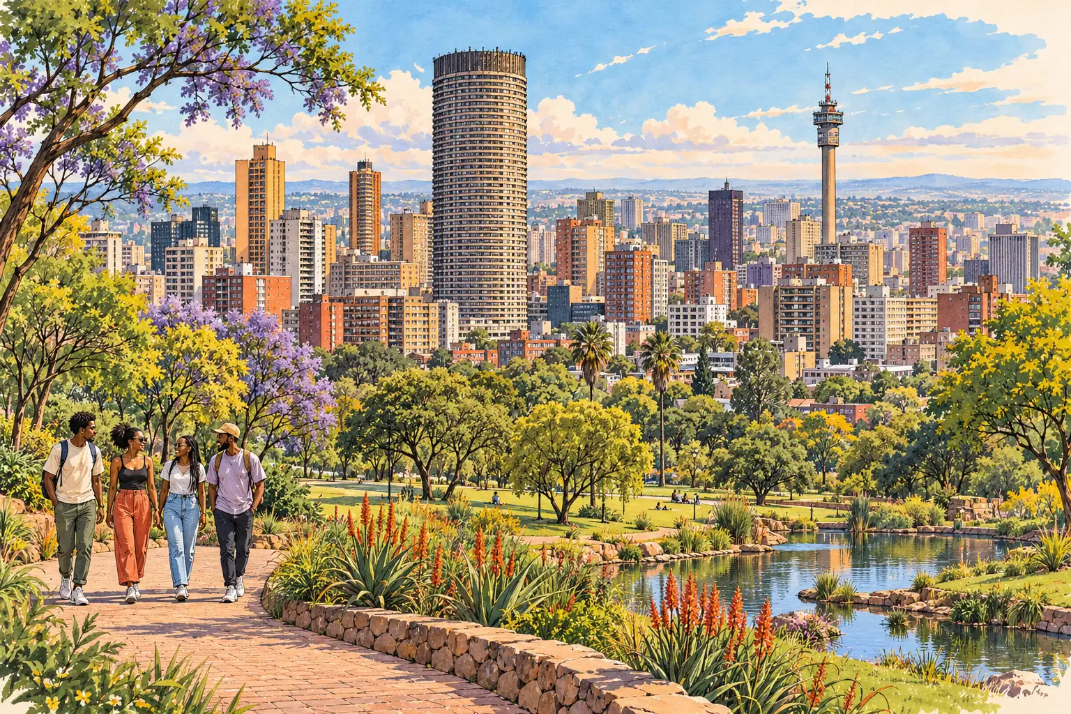 A hand-drawn Johannesburg park view with Ponte City and the Hillbrow skyline.