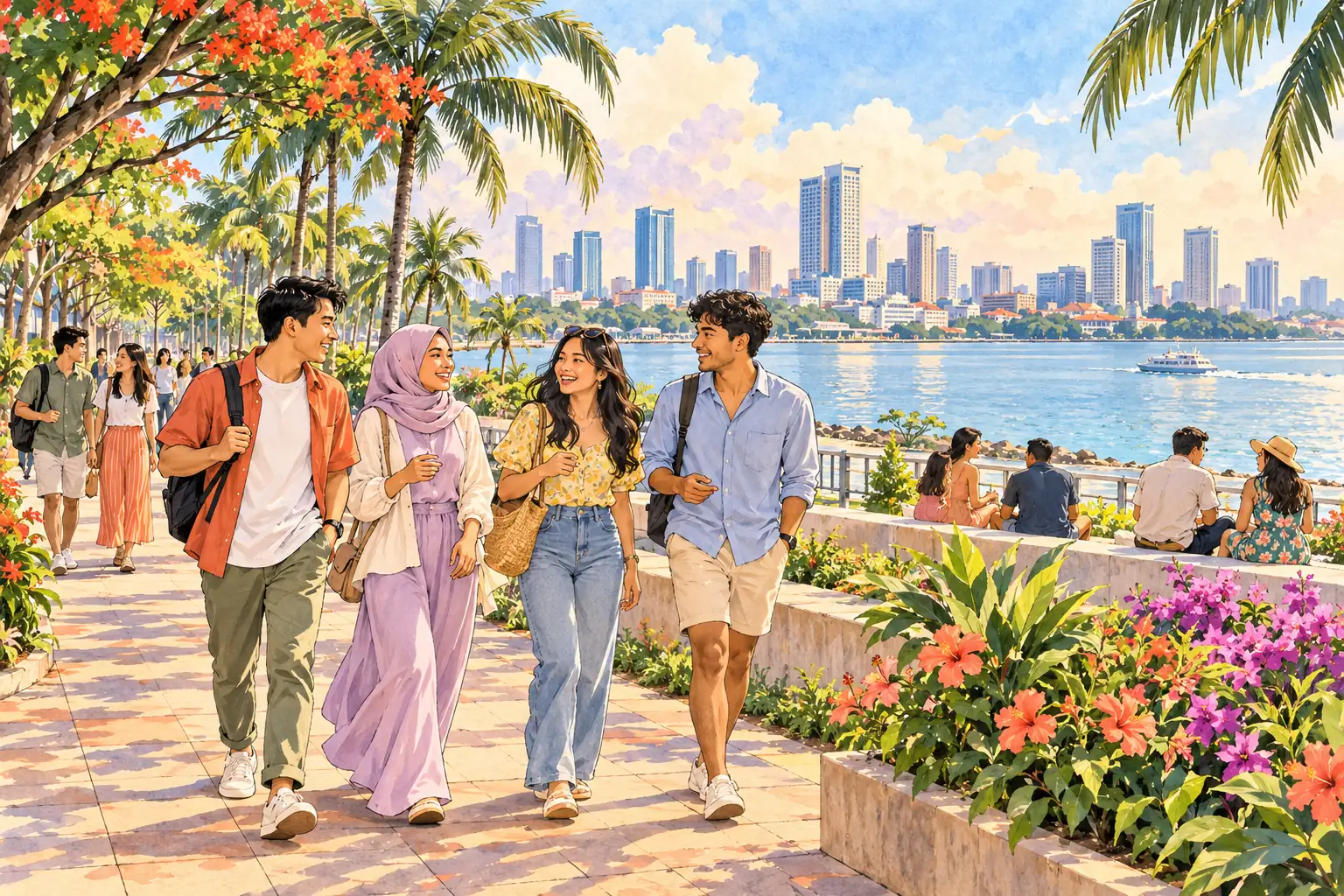 A hand-drawn generic view of Johor Bahru, with a tropical waterfront park, skyline and young adults together.