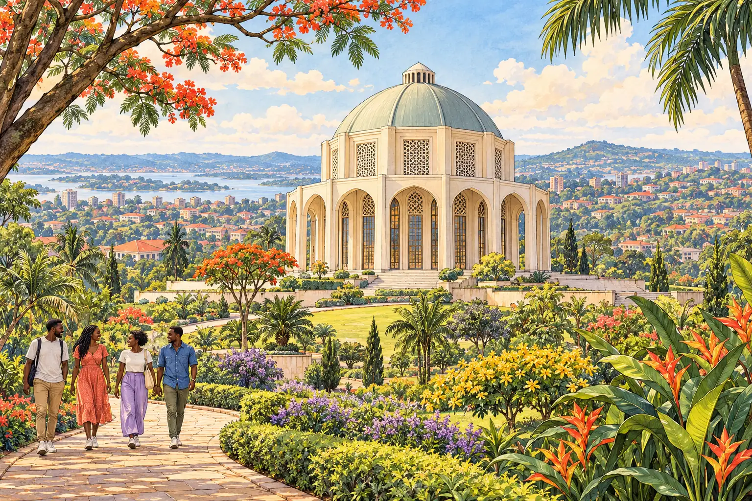 A hand-drawn Kampala garden scene with the Baháʼí House of Worship and tropical hills.