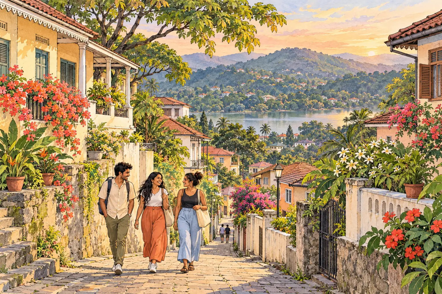 A hand-drawn Kandy hillside street with tiled homes, a lake, green hills and young Sri Lankan adults walking together.