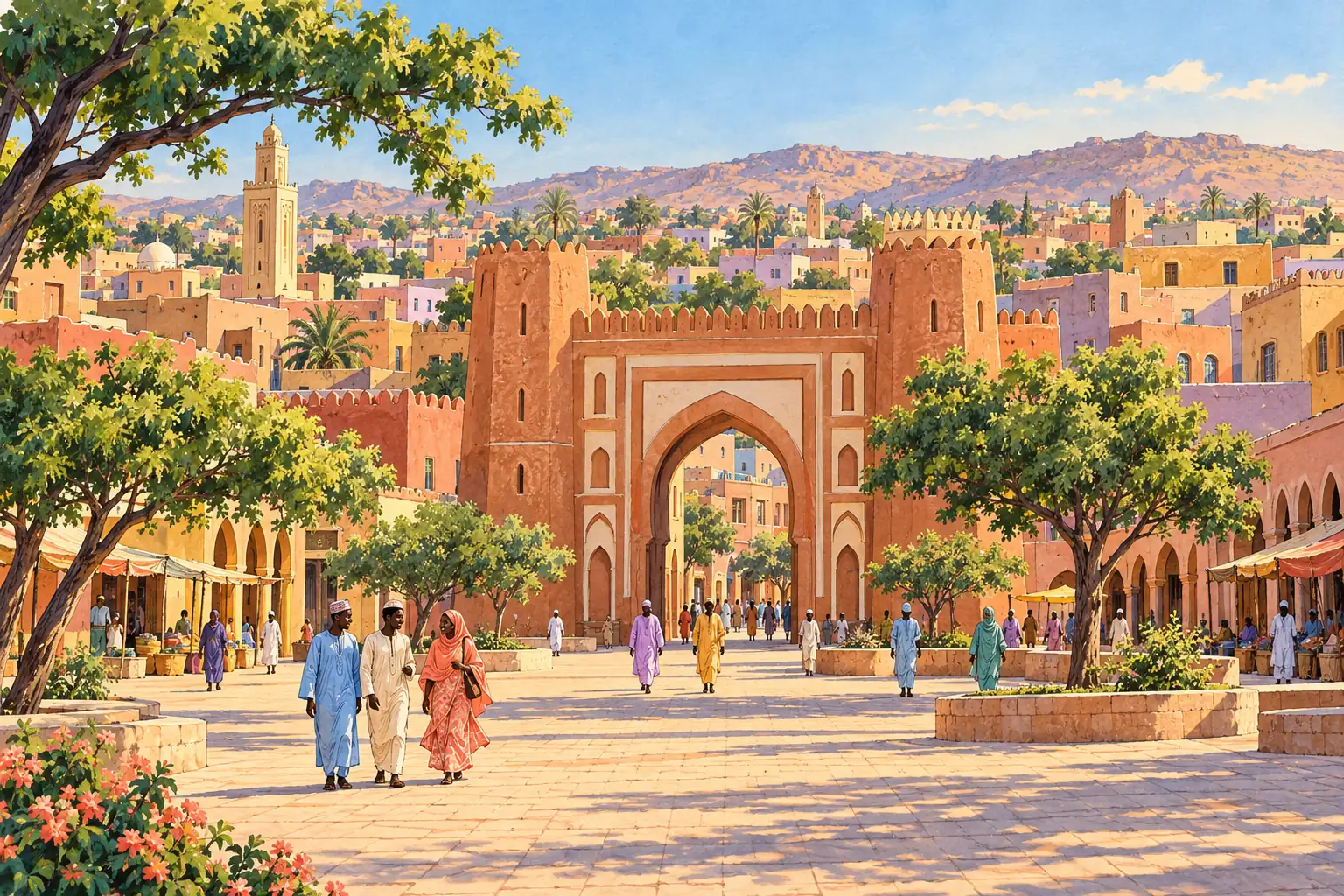 A hand-drawn generic view of Kano, with young adults crossing a broad square beneath a traditional arched city gateway.