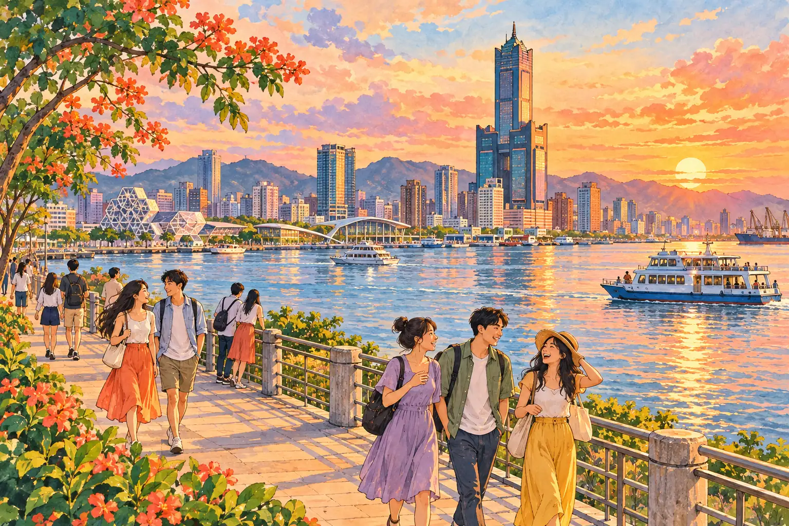 A hand-drawn view of Kaohsiung’s harbor and 85 Sky Tower, with young adults enjoying the waterfront at sunset.