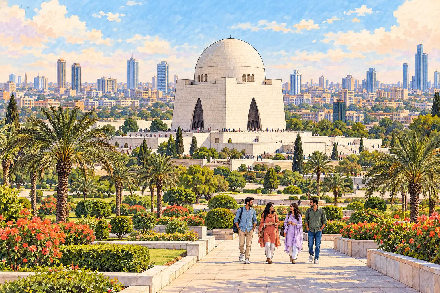 A hand-drawn Karachi park scene with Mazar-e-Quaid and the city skyline.
