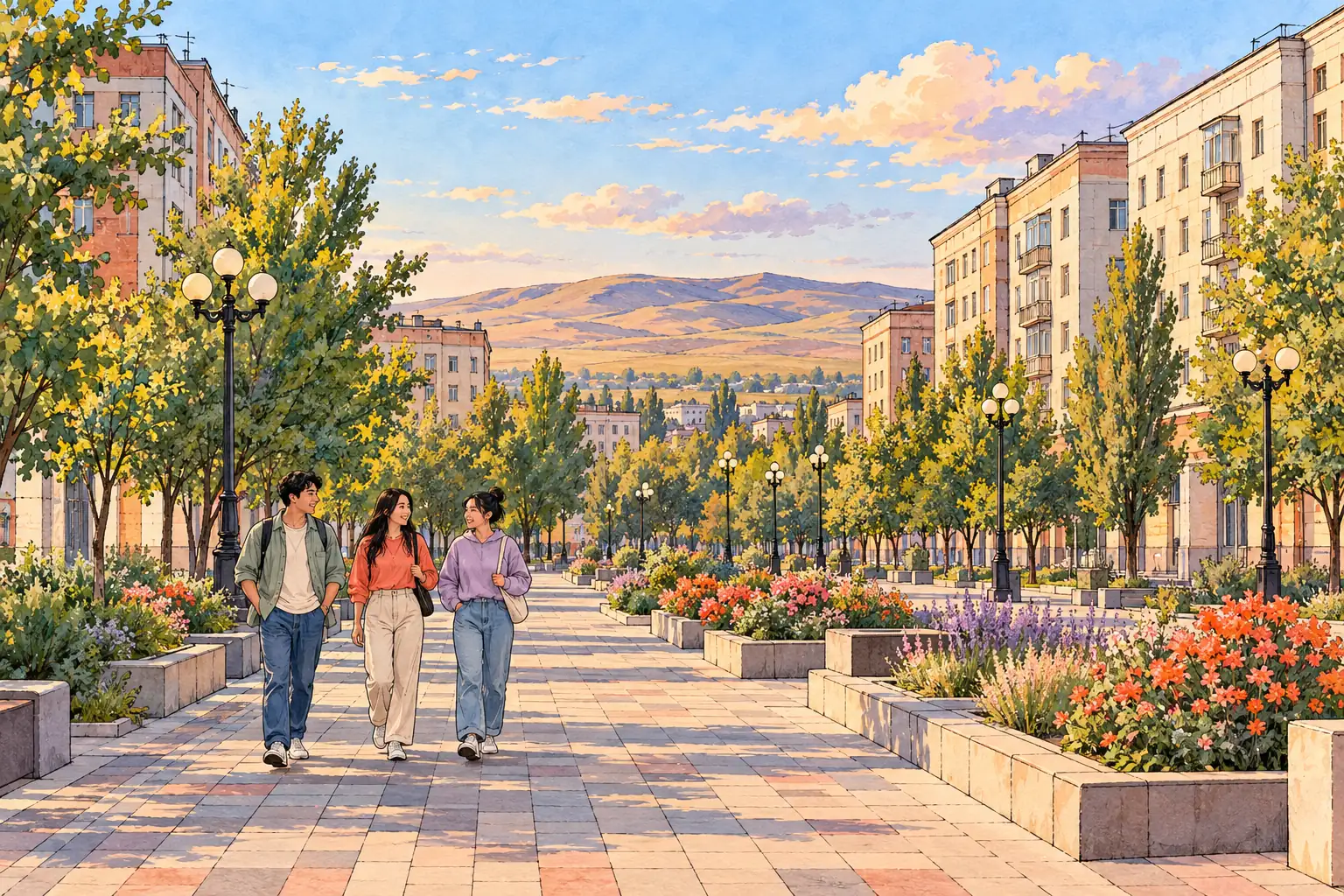 A hand-drawn Karaganda streetscape with young adults walking beneath trees, with low steppe hills beyond the city.
