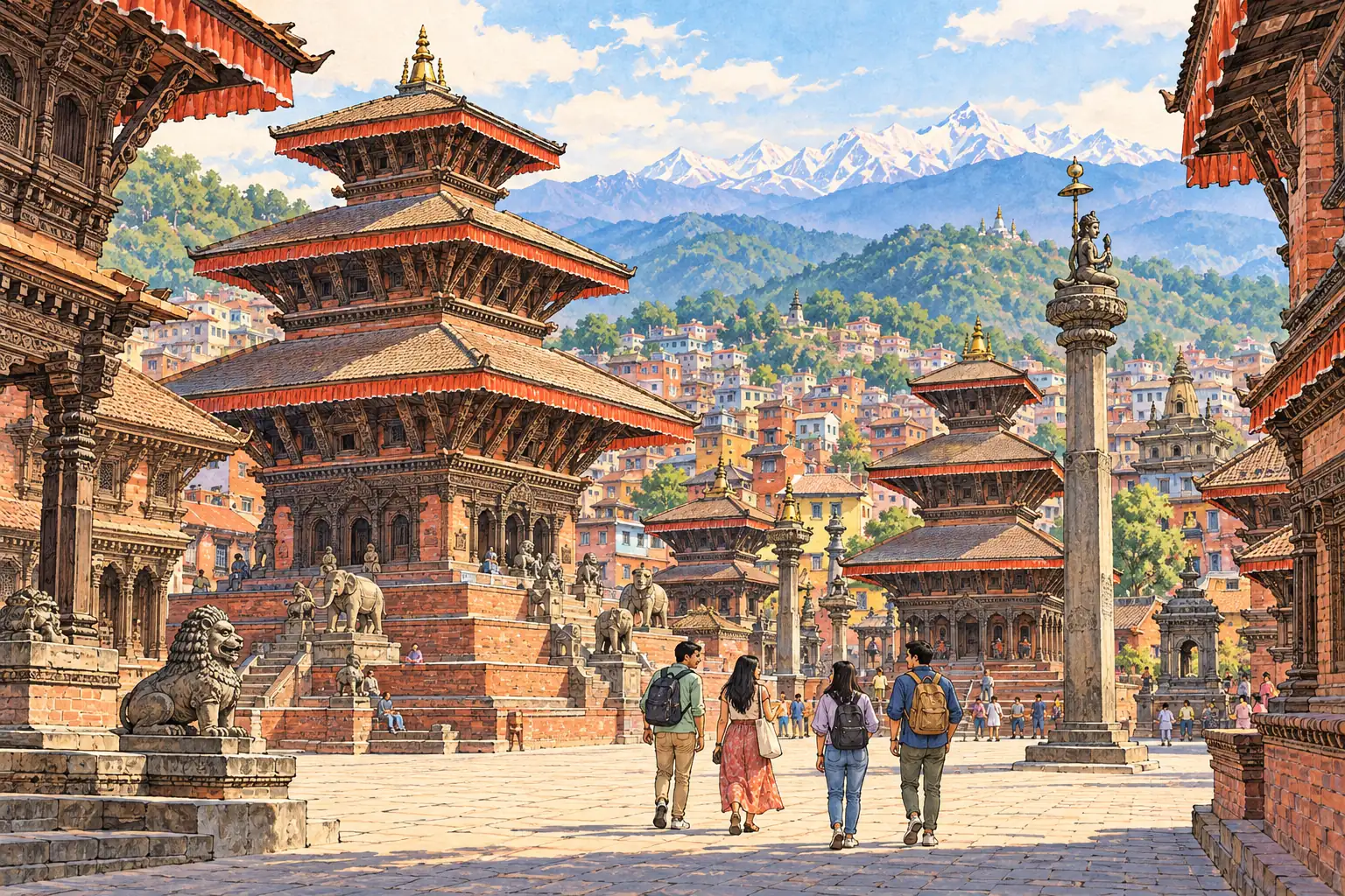 A hand-drawn Kathmandu Durbar Square scene with pagoda temples and Himalayan foothills.