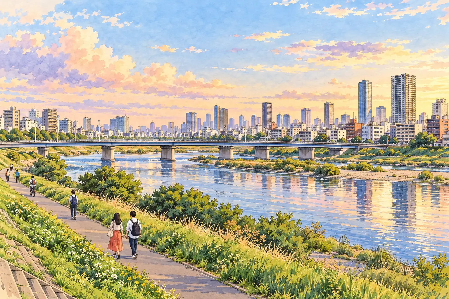 A hand-drawn generic view of Kawasaki, with young adults walking beside the Tama River and the city skyline across the water.