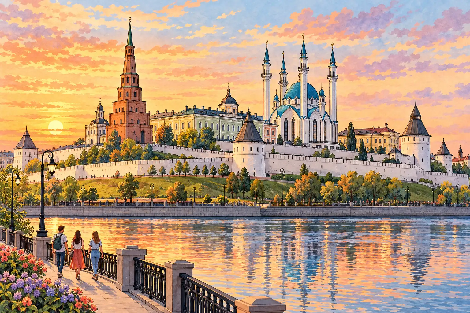 A hand-drawn view of Kazan Kremlin, Söyembikä Tower and Kul Sharif Mosque.