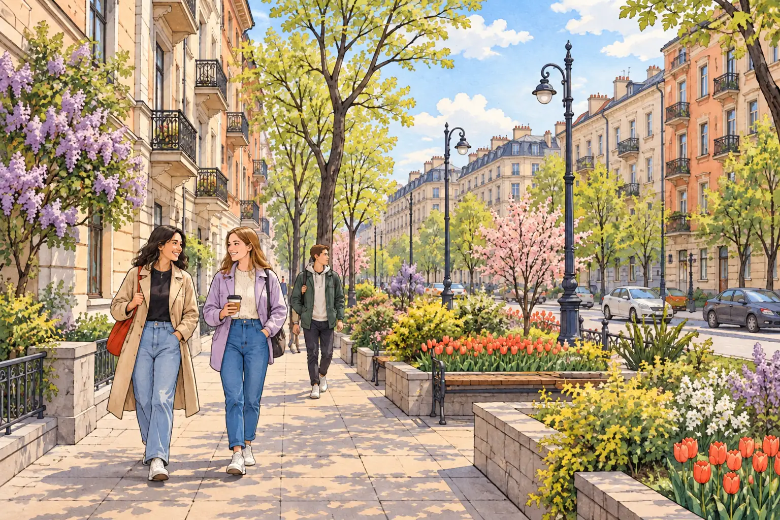 A hand-drawn view of Kharkiv, with local streets, greenery and young adults together.