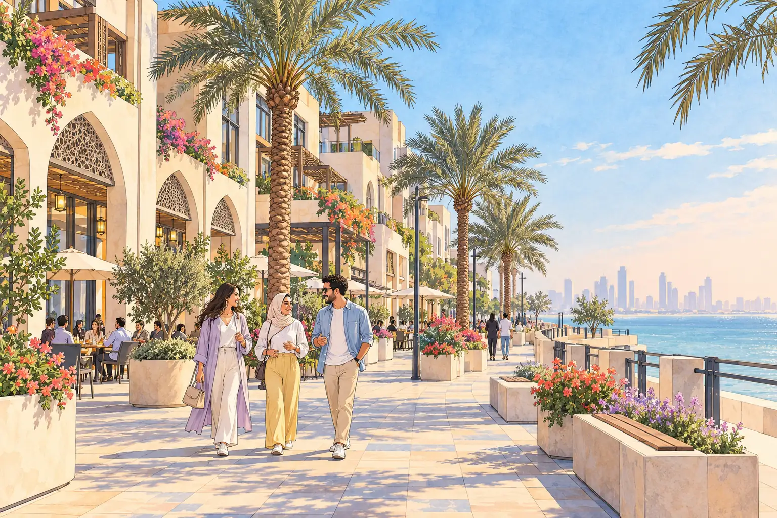 A hand-drawn Gulf waterfront promenade in Khobar, with date palms, shaded arcades and young adults strolling together.
