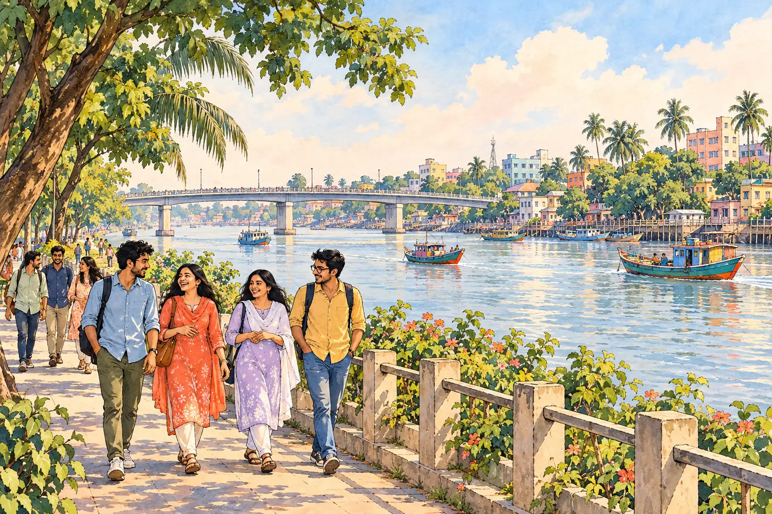 A hand-drawn generic view of Khulna, with a tropical river, bridge, boats and young adults along the bank.