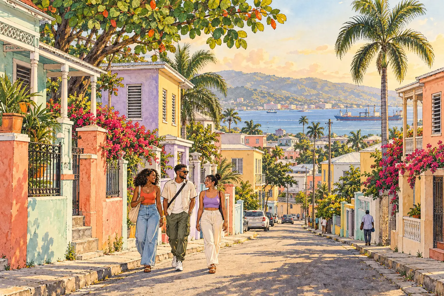 A hand-drawn Kingston streetscape with pastel verandah houses, tropical trees, distant hills and young adults walking together.