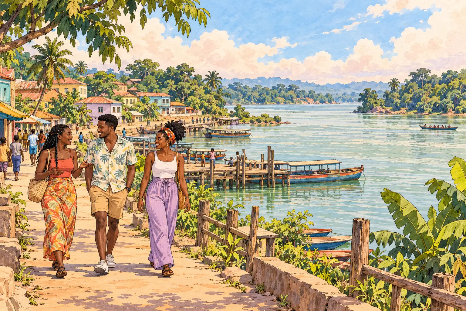 A hand-drawn view of Kisangani, with local streets, greenery and young adults together.