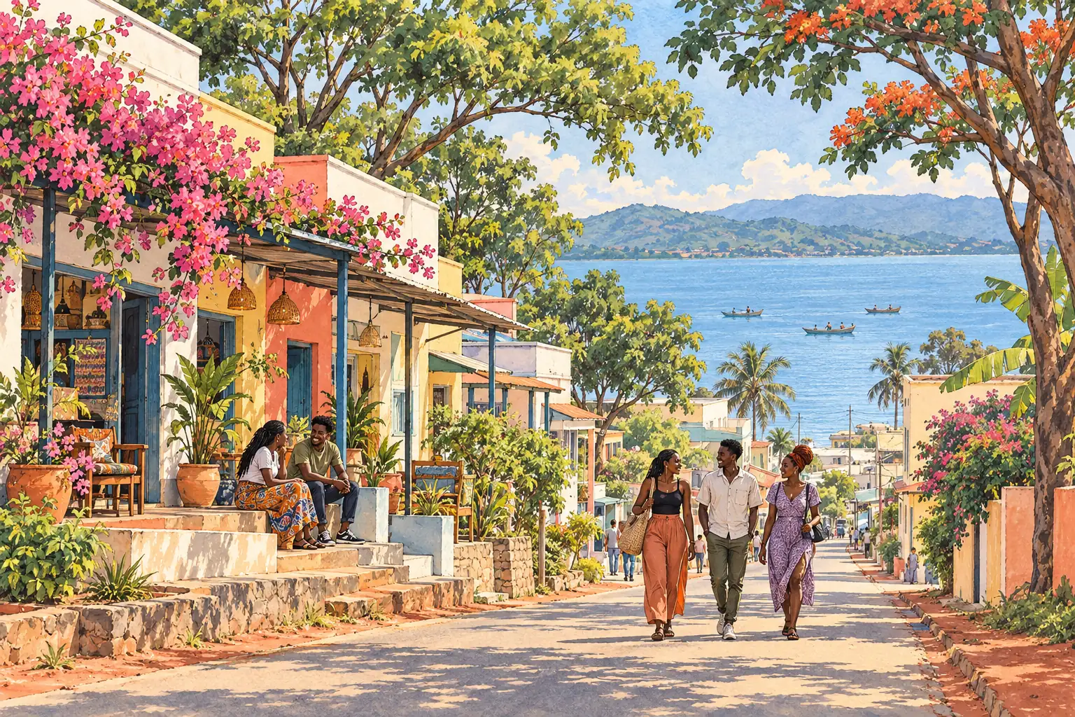 A hand-drawn lakeside street in Kisumu, with flowering trees, low-rise buildings and young adults together.