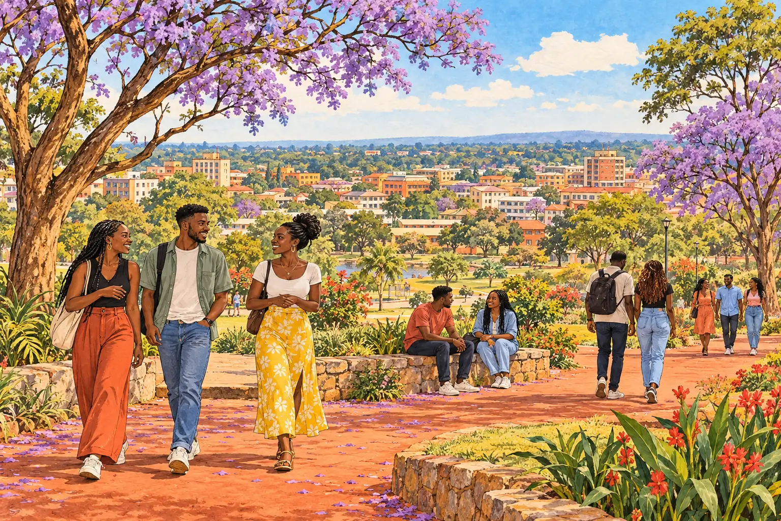 A hand-drawn generic view of Kitwe, with a leafy city park, red-earth paths and young adults spending time together.