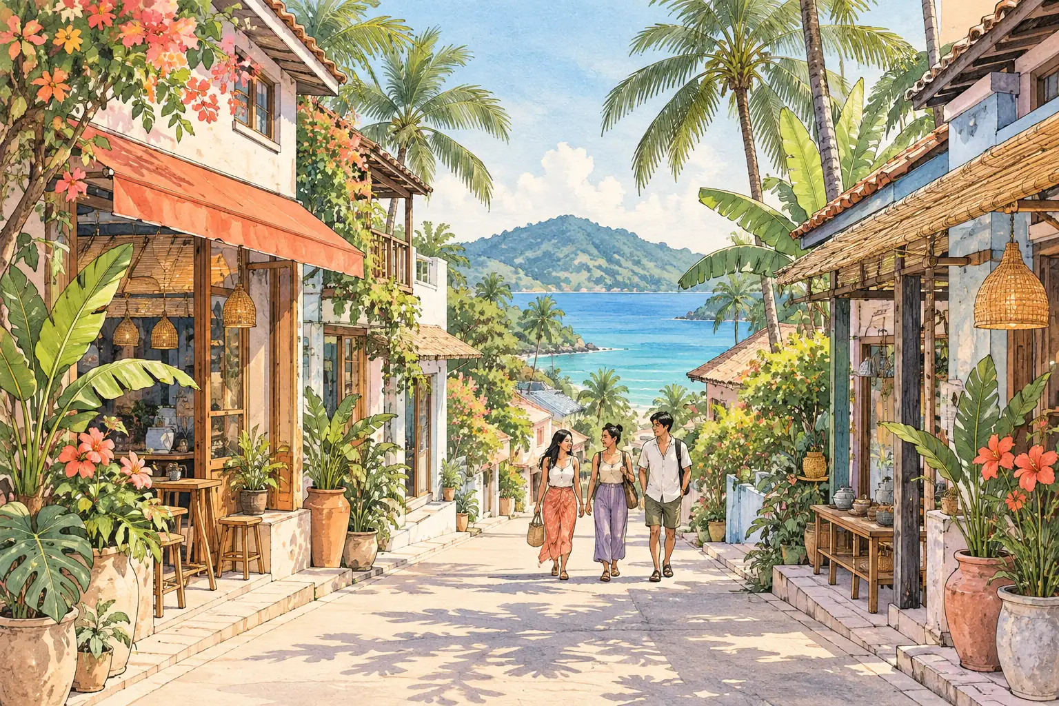 A hand-drawn Ko Samui island-town lane with young adults walking between tropical shopfronts toward the sea.