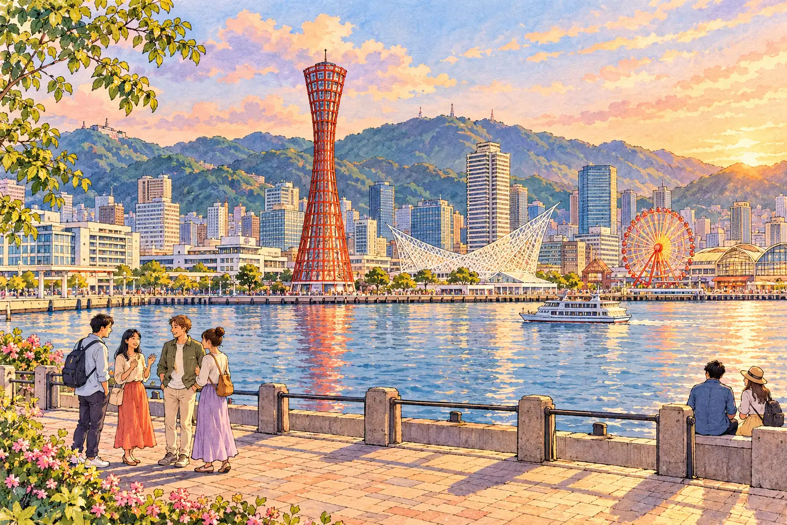 A hand-drawn view of Kobe Harborland, Port Tower and Mount Rokko.