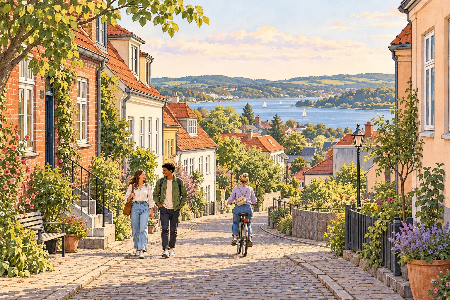 A hand-drawn Kolding streetscape with red-roofed homes, bicycles and young adults.