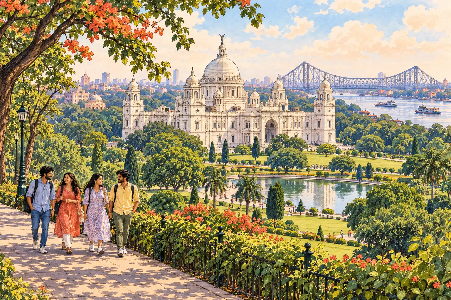 A hand-drawn view of Kolkata’s Victoria Memorial and Maidan gardens, with young adults walking nearby.
