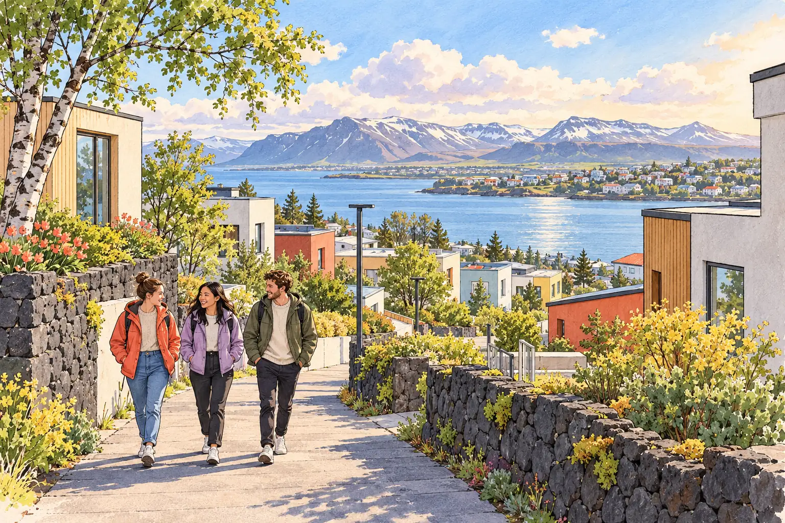 A hand-drawn view of Kopavogur, with local streets, greenery and young adults together.