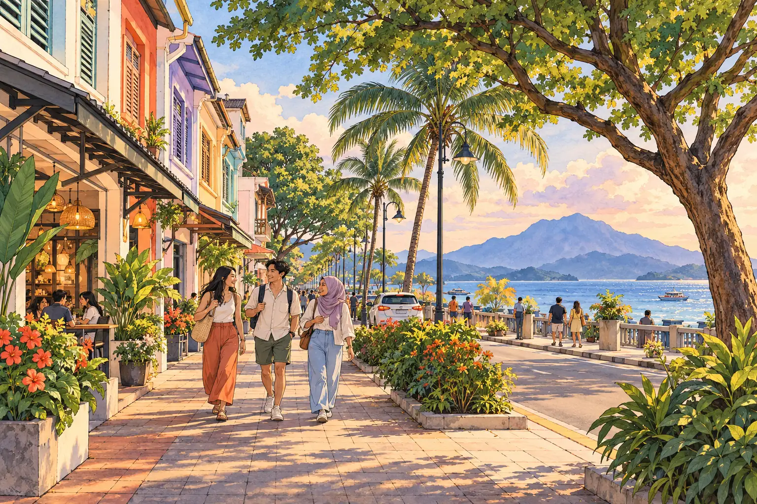 A hand-drawn view of Kota Kinabalu, with local streets, greenery and young adults together.