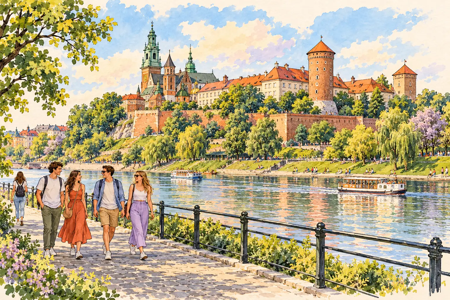 A hand-drawn view of Wawel Castle above the Vistula in Kraków, with young adults walking along the riverbank.