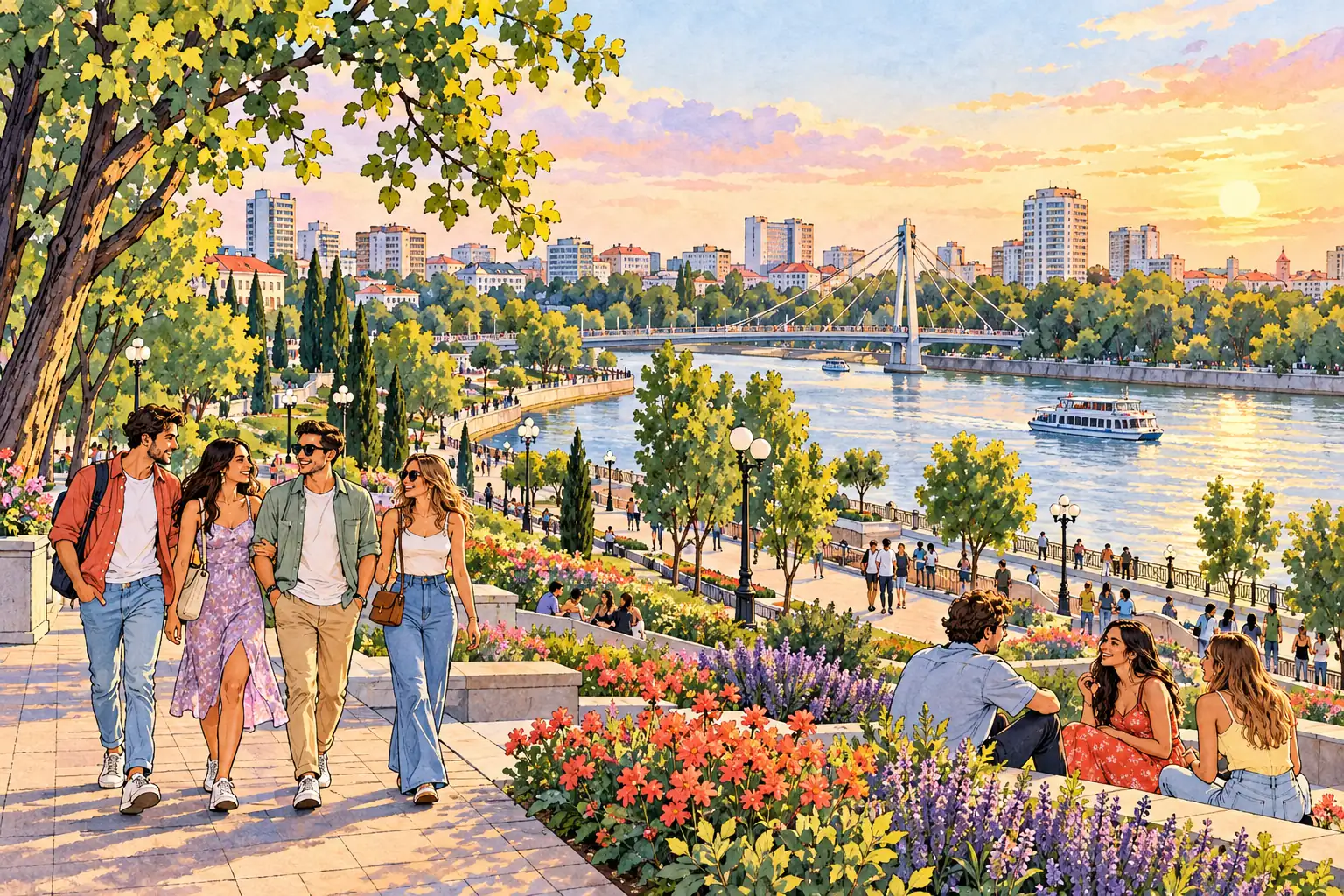 A hand-drawn generic view of Krasnodar, with a leafy riverside park, bridge and young adults spending time together.