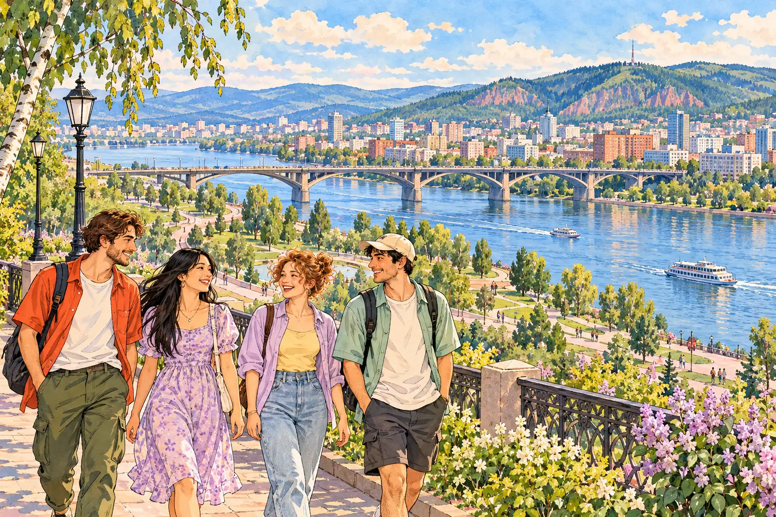 A hand-drawn generic view of Krasnoyarsk, with the Yenisei River, bridge and young adults on a leafy promenade.